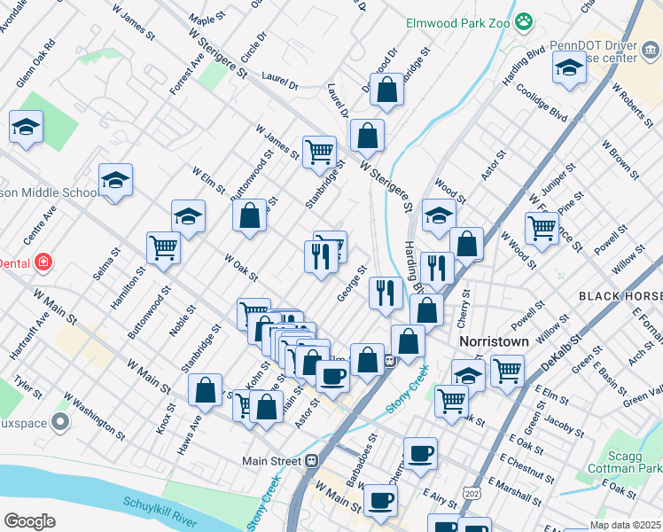 map of restaurants, bars, coffee shops, grocery stores, and more near 828 Haws Avenue in Norristown
