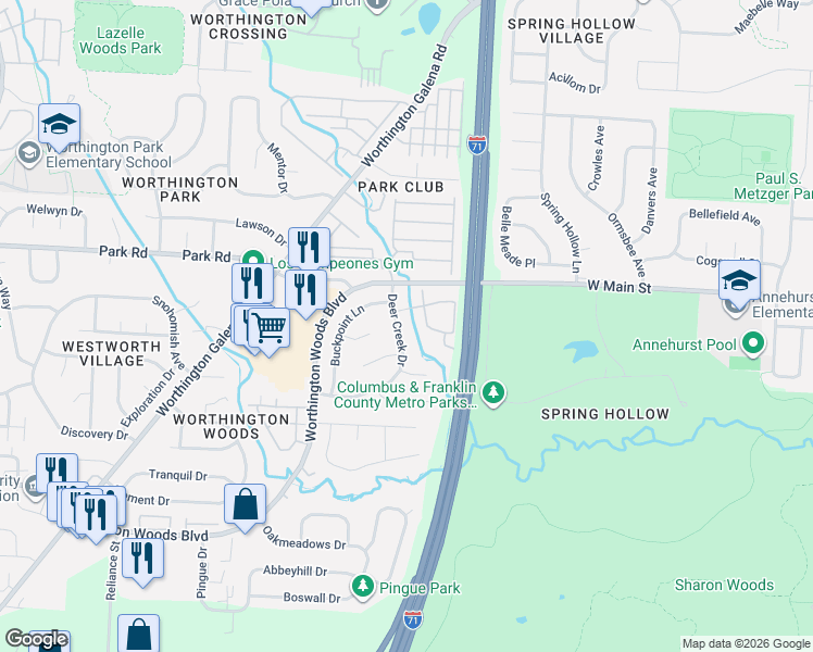 map of restaurants, bars, coffee shops, grocery stores, and more near 1541 Buckpoint Lane in Worthington