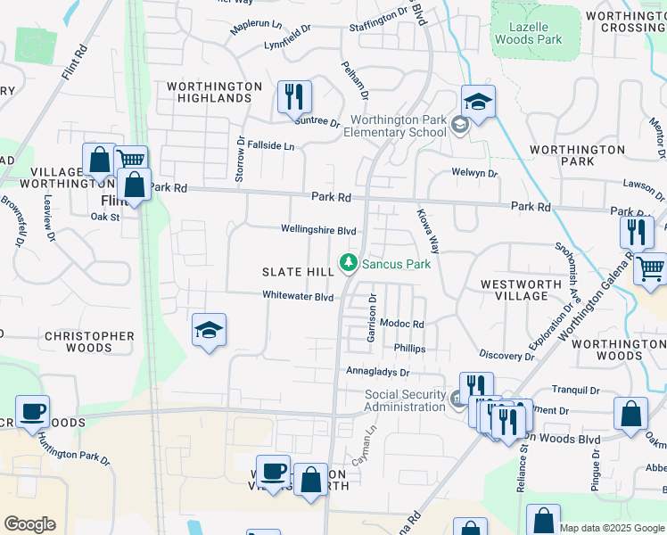 map of restaurants, bars, coffee shops, grocery stores, and more near 7853 Woodhouse Lane in Worthington