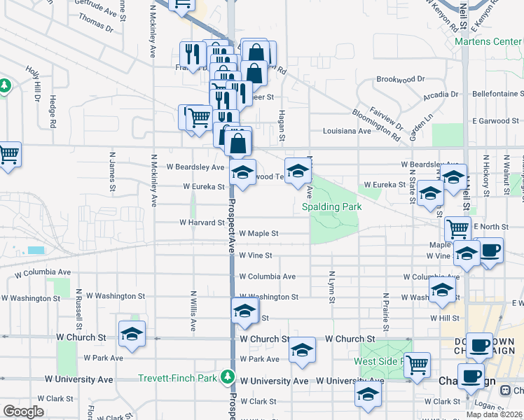 map of restaurants, bars, coffee shops, grocery stores, and more near 723 Sherwood Terrace in Champaign
