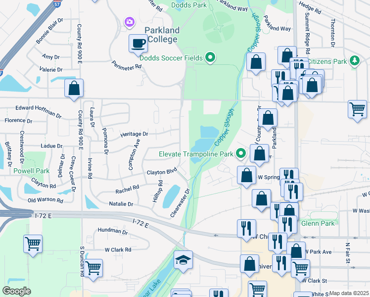 map of restaurants, bars, coffee shops, grocery stores, and more near 2509 Clayton Boulevard in Champaign