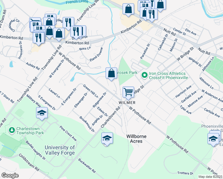 map of restaurants, bars, coffee shops, grocery stores, and more near 9 Wendy Way in Phoenixville
