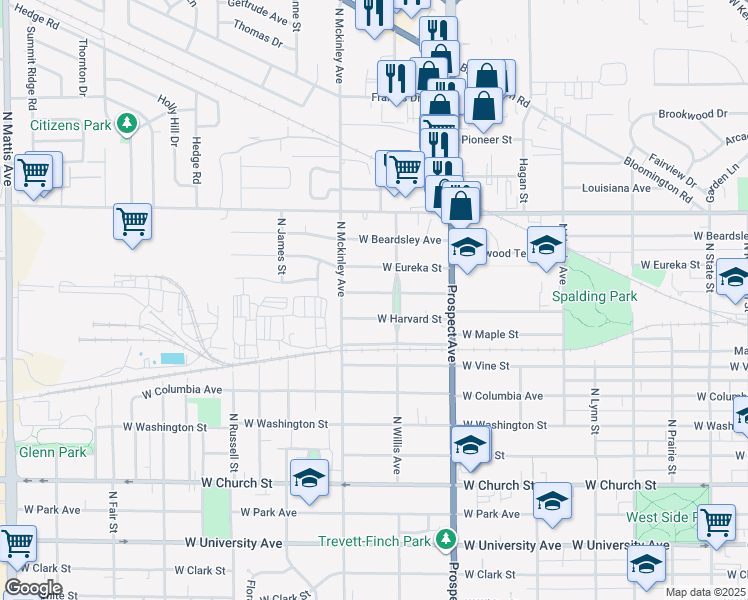 map of restaurants, bars, coffee shops, grocery stores, and more near 1011 West Eureka Street in Champaign