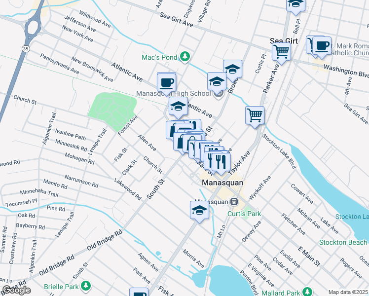 map of restaurants, bars, coffee shops, grocery stores, and more near Main Street in Manasquan