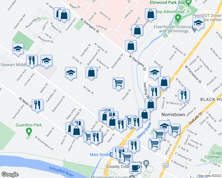map of restaurants, bars, coffee shops, grocery stores, and more near 777 Haws Avenue in Norristown