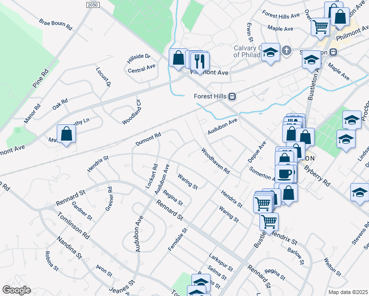 map of restaurants, bars, coffee shops, grocery stores, and more near 11993 Audubon Avenue in Philadelphia