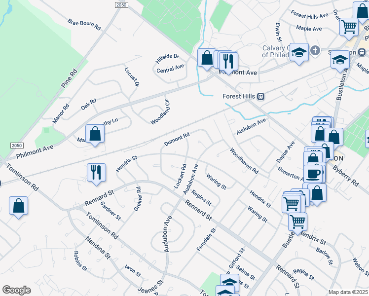 map of restaurants, bars, coffee shops, grocery stores, and more near 11992 Lockart Road in Philadelphia