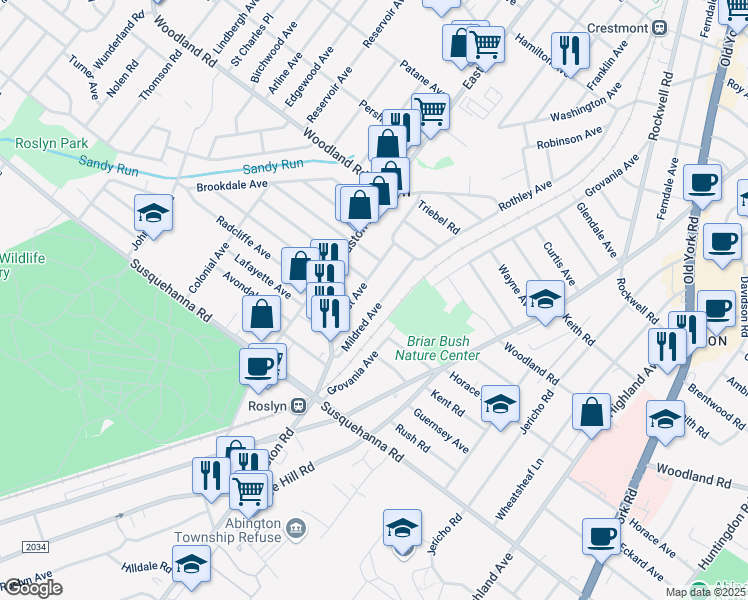 map of restaurants, bars, coffee shops, grocery stores, and more near 1238 Mildred Avenue in Abington