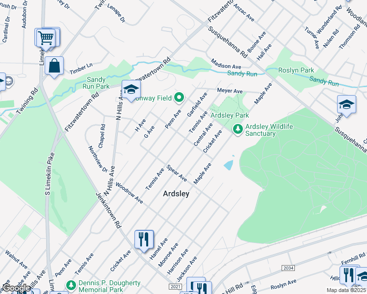 map of restaurants, bars, coffee shops, grocery stores, and more near 847 Tennis Avenue in Glenside