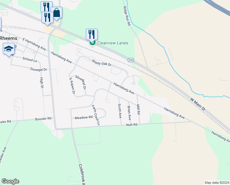 map of restaurants, bars, coffee shops, grocery stores, and more near 1836 Rhoda Avenue in Mount Joy