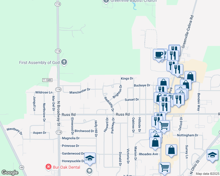 map of restaurants, bars, coffee shops, grocery stores, and more near 908 Stratford Drive in Greenville