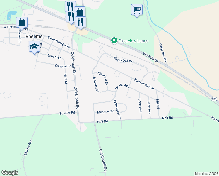 map of restaurants, bars, coffee shops, grocery stores, and more near 107 Silverleaf Drive in Mount Joy