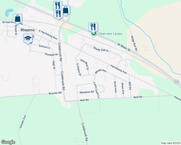 map of restaurants, bars, coffee shops, grocery stores, and more near 107 Silverleaf Drive in Mount Joy