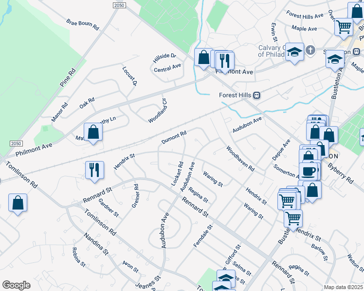 map of restaurants, bars, coffee shops, grocery stores, and more near 11992 Lockart Road in Philadelphia