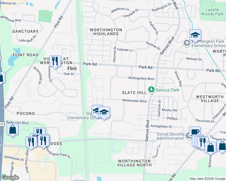 map of restaurants, bars, coffee shops, grocery stores, and more near 594 Vining Lake Court in Columbus