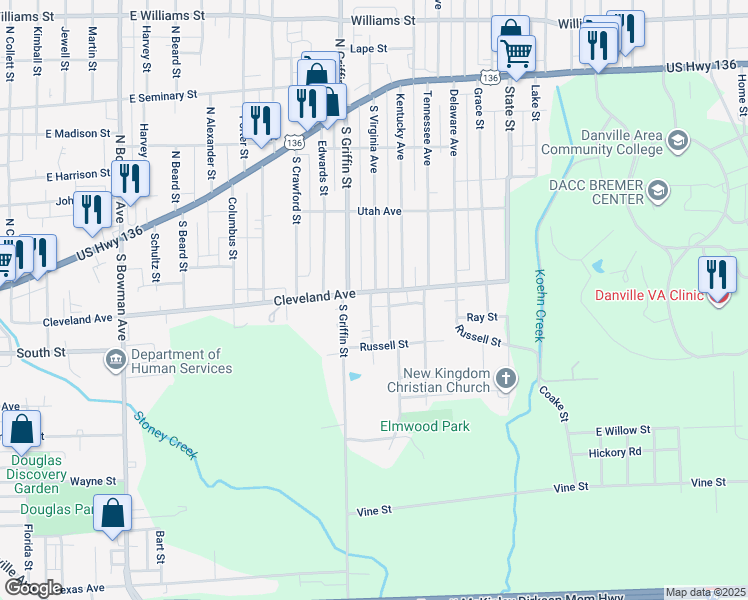 map of restaurants, bars, coffee shops, grocery stores, and more near 1408 Cleveland Avenue in Danville