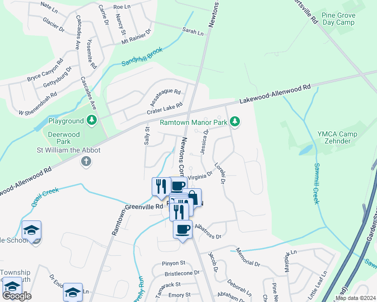 map of restaurants, bars, coffee shops, grocery stores, and more near 7 Elizabeth Court in Howell