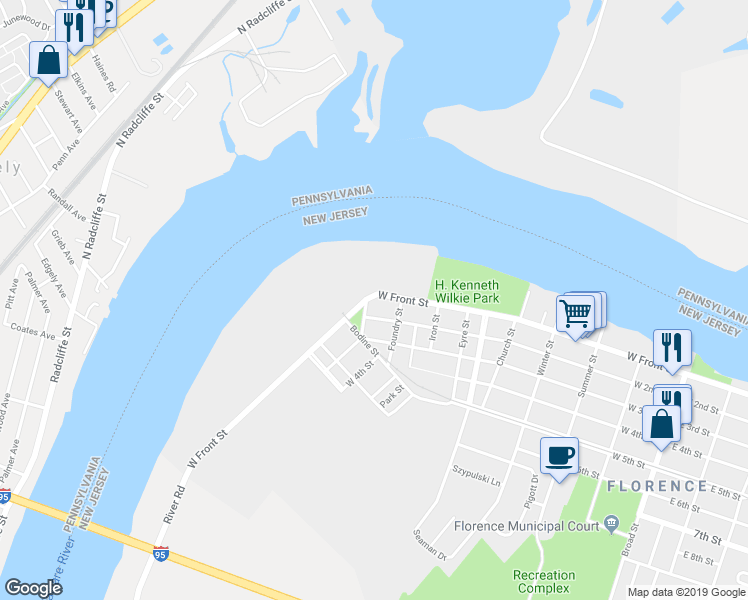 map of restaurants, bars, coffee shops, grocery stores, and more near 832 West Front Street in Florence Township