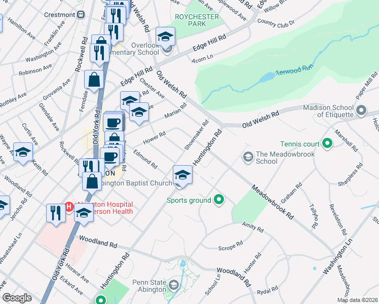 map of restaurants, bars, coffee shops, grocery stores, and more near 1826 Meadowbrook Road in Abington