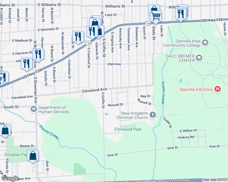 map of restaurants, bars, coffee shops, grocery stores, and more near 232 Kentucky Avenue in Danville