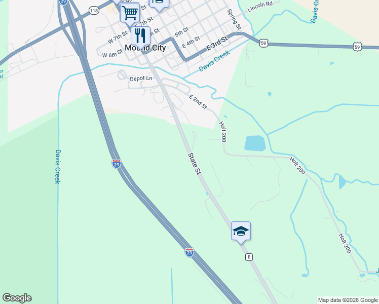 map of restaurants, bars, coffee shops, grocery stores, and more near 19700 State Street in Mound City