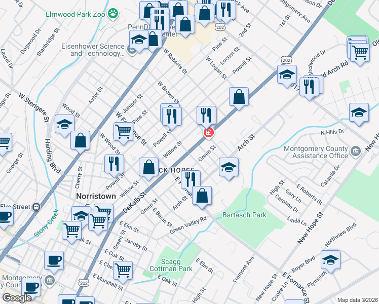 map of restaurants, bars, coffee shops, grocery stores, and more near 1529 DeKalb Street in Norristown