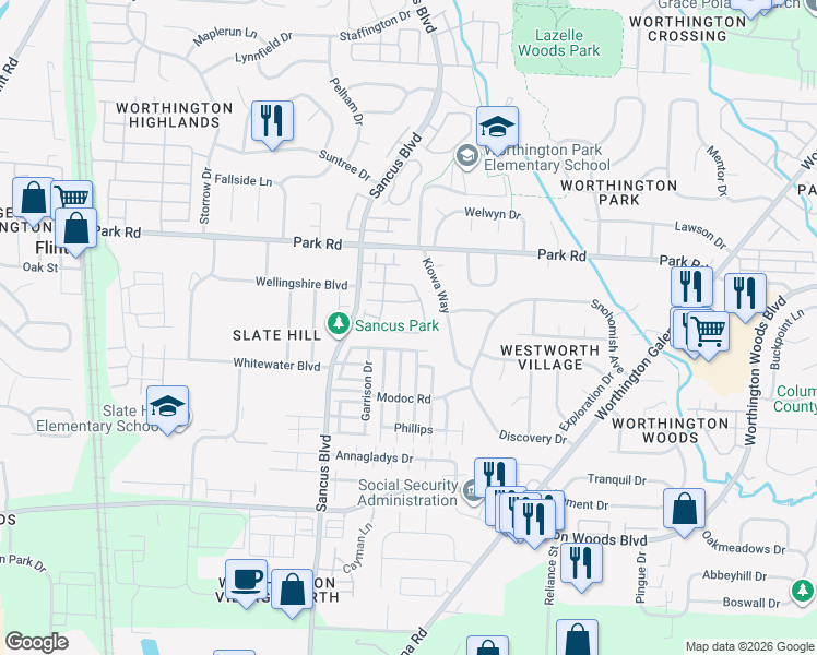 map of restaurants, bars, coffee shops, grocery stores, and more near 933 Upholland Lane in Columbus