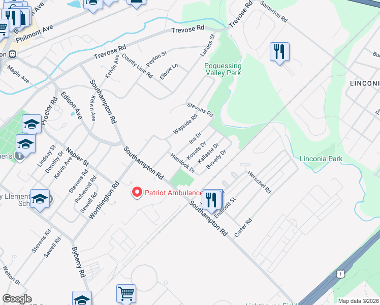 map of restaurants, bars, coffee shops, grocery stores, and more near 15127 Ina Drive in Philadelphia