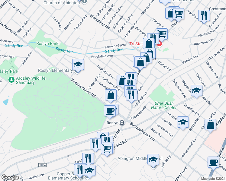 map of restaurants, bars, coffee shops, grocery stores, and more near 2429 Avondale Avenue in Abington