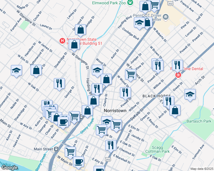 map of restaurants, bars, coffee shops, grocery stores, and more near 1204 Markley Street in Norristown
