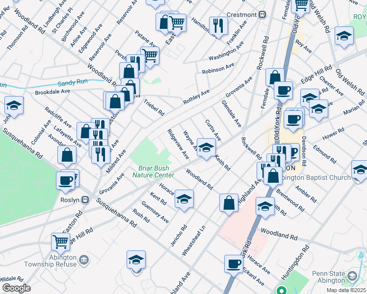 map of restaurants, bars, coffee shops, grocery stores, and more near 2127 Ridgeview Avenue in Abington