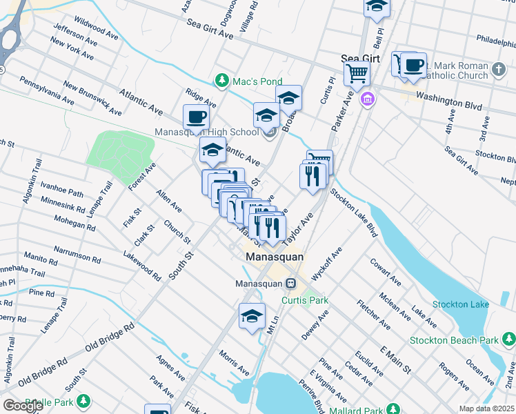map of restaurants, bars, coffee shops, grocery stores, and more near 49-51 Broad Street in Manasquan