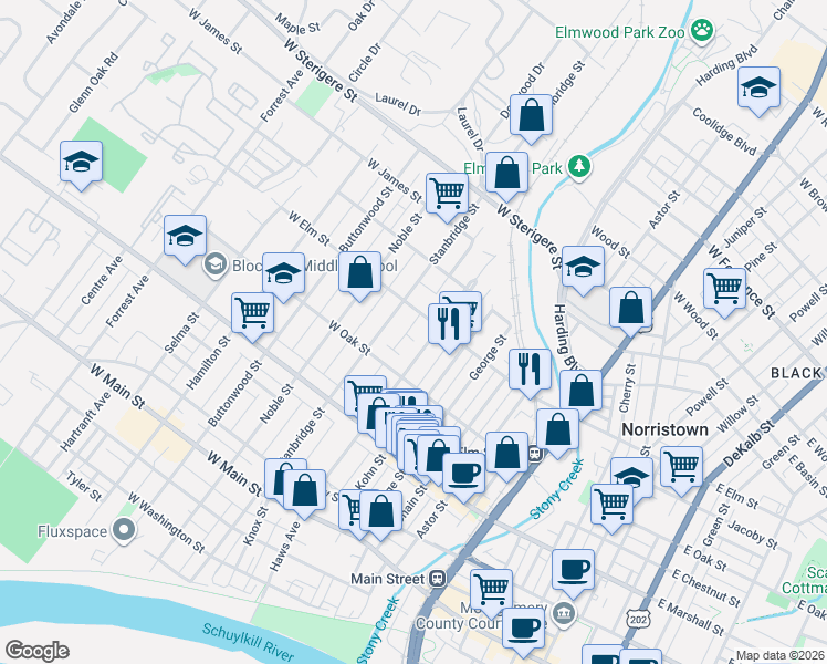 map of restaurants, bars, coffee shops, grocery stores, and more near 823 West Elm Street in Norristown