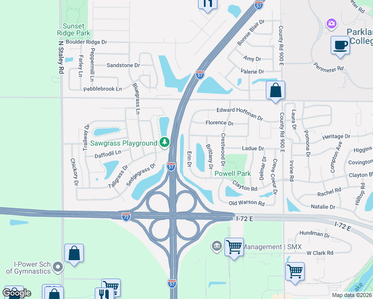 map of restaurants, bars, coffee shops, grocery stores, and more near 712 Erin Drive in Champaign