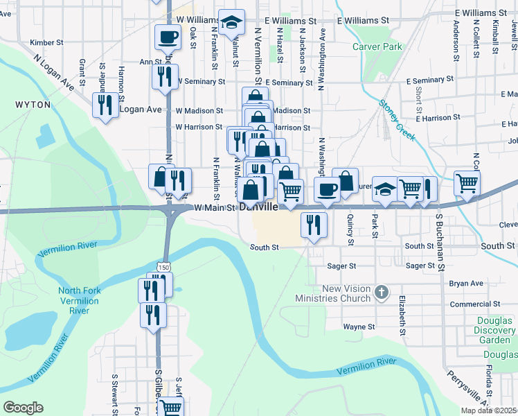map of restaurants, bars, coffee shops, grocery stores, and more near 1 Towne Ctr in Danville