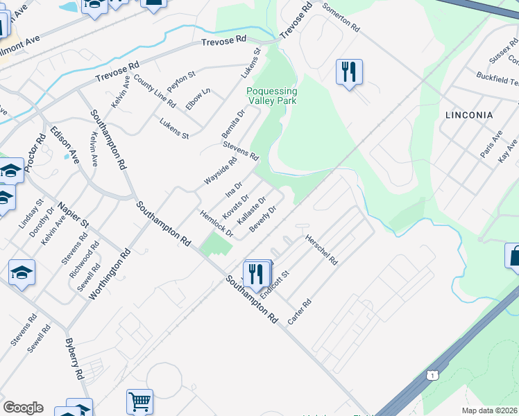 map of restaurants, bars, coffee shops, grocery stores, and more near 15137 Kallaste Drive in Philadelphia