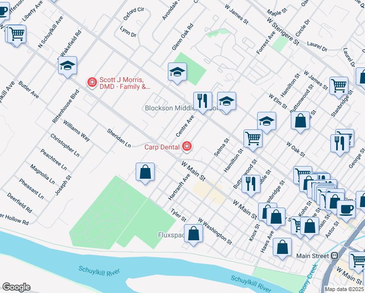 map of restaurants, bars, coffee shops, grocery stores, and more near 395 Forrest Avenue in Norristown