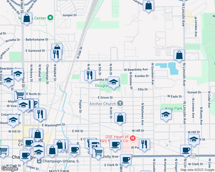 map of restaurants, bars, coffee shops, grocery stores, and more near 512 East Grove Street in Champaign