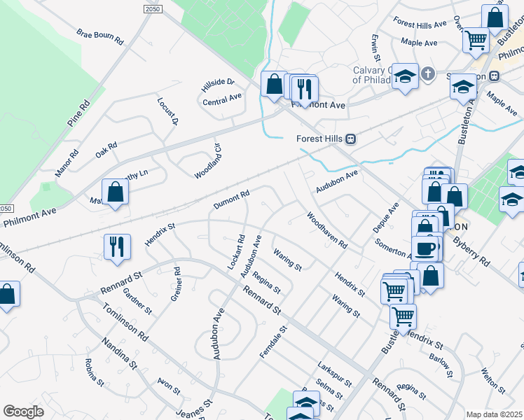 map of restaurants, bars, coffee shops, grocery stores, and more near 11982 Audubon Place in Philadelphia