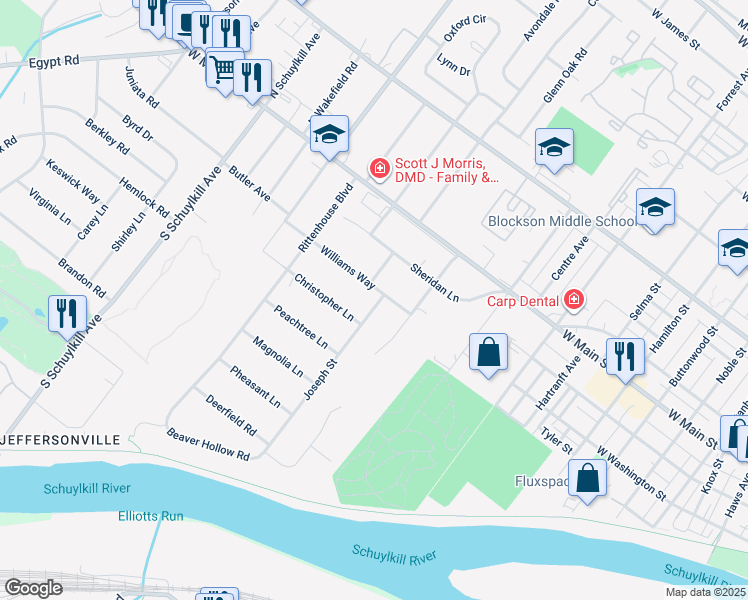 map of restaurants, bars, coffee shops, grocery stores, and more near 1636 Williams Way in Norristown