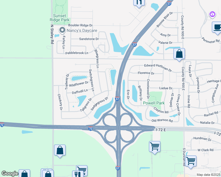 map of restaurants, bars, coffee shops, grocery stores, and more near 812 Sedgegrass Drive in Champaign