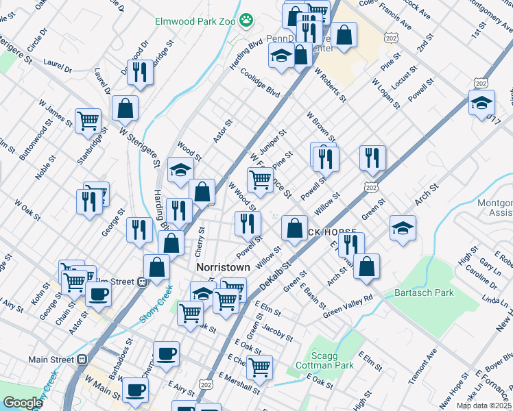 map of restaurants, bars, coffee shops, grocery stores, and more near 105 West Wood Street in Norristown