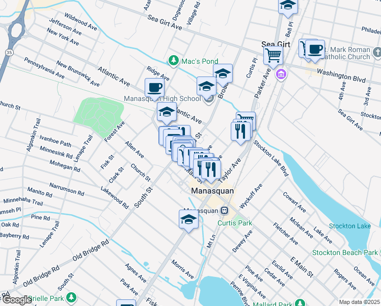 map of restaurants, bars, coffee shops, grocery stores, and more near 34 Broad Street in Manasquan