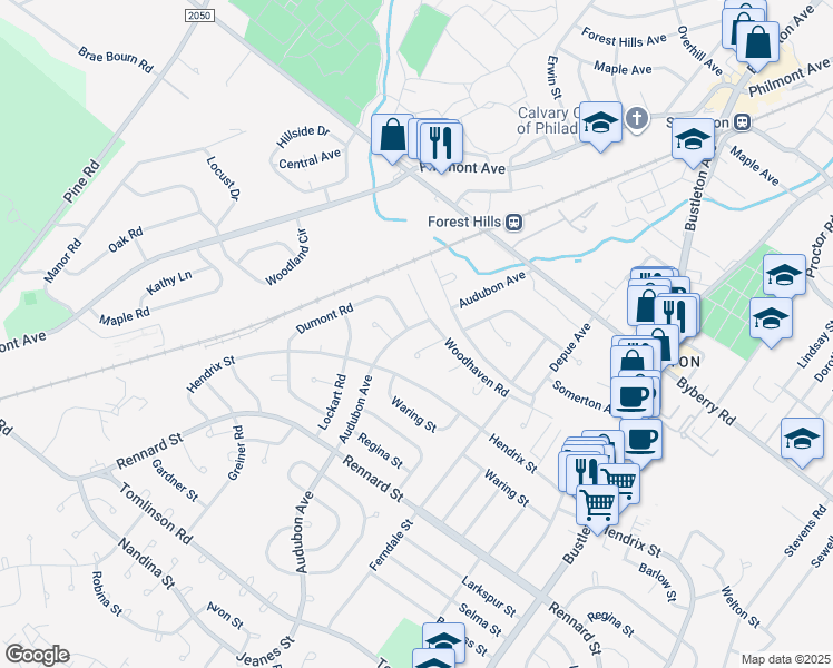 map of restaurants, bars, coffee shops, grocery stores, and more near 11997 Audubon Avenue in Philadelphia