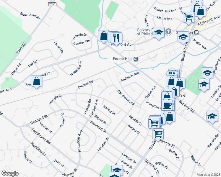 map of restaurants, bars, coffee shops, grocery stores, and more near 11997 Audubon Avenue in Philadelphia