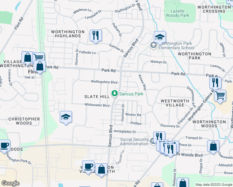 map of restaurants, bars, coffee shops, grocery stores, and more near Noddymill Lane West in Columbus
