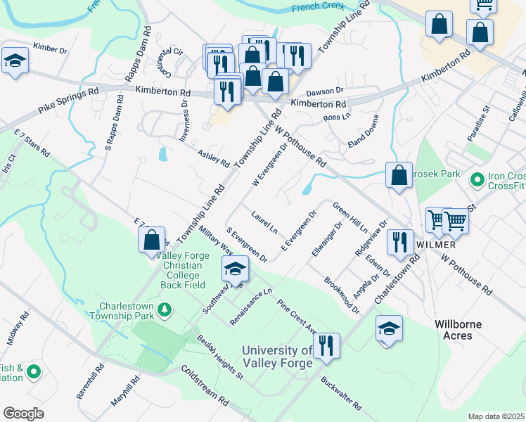 map of restaurants, bars, coffee shops, grocery stores, and more near 1227 Laurel Lane in Phoenixville