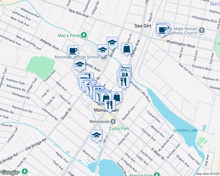 map of restaurants, bars, coffee shops, grocery stores, and more near 81 Parker Avenue in Manasquan