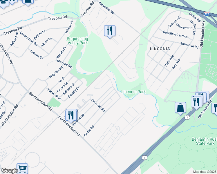 map of restaurants, bars, coffee shops, grocery stores, and more near 15164 Endicott Street in Philadelphia