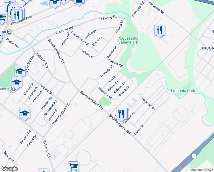map of restaurants, bars, coffee shops, grocery stores, and more near 15115 Ina Dr in Philadelphia